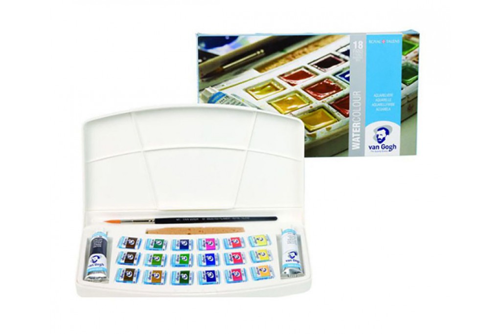 Набір акварельних фарб Royal Talens Van Gogh 18 кольорів + 2 туби по 10 мл + пензлик + спонж пластиковий пенал