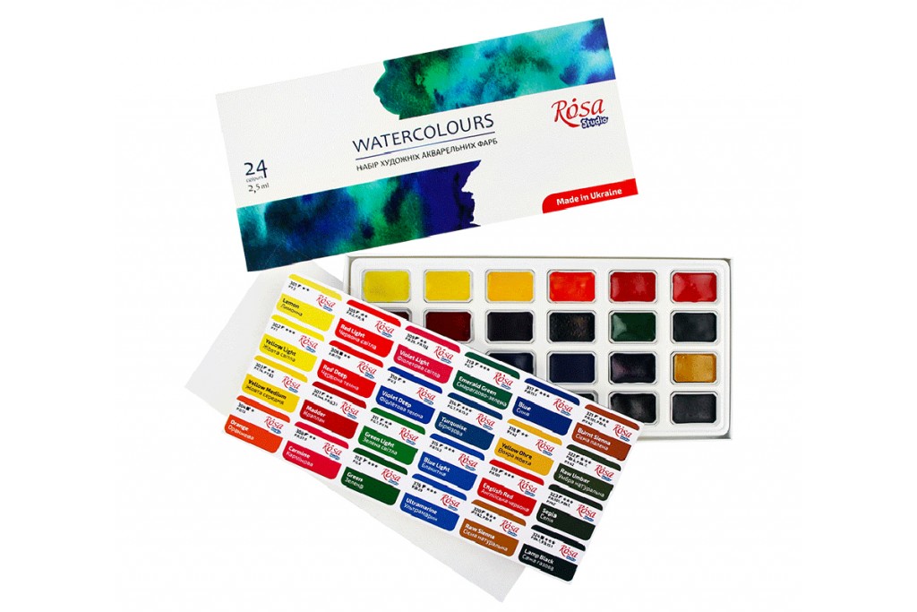Набір акварельних фарб Rosa Studio Watercolours NEW 24 кольору кювета картонна коробка