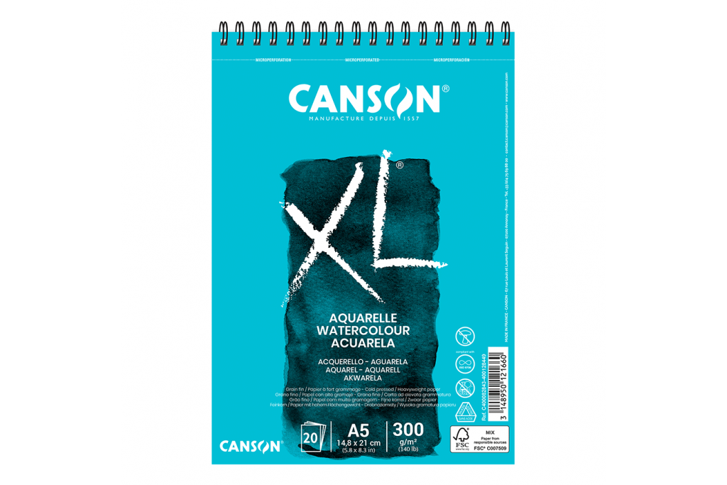 Альбом для акварелі на пружині Canson XL А5 (14.8х21см) 300 г/м2 20 ркушів середнє зерно