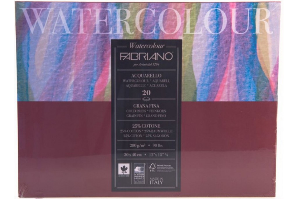 Склейка блок для акварелі Fabriano Watercolor середнє зерно A3 (30х40см) 200 г/м2 20 аркушів (8001348173526)
